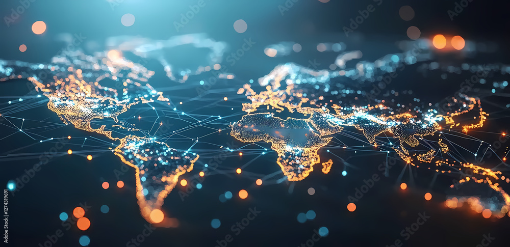 Aufkleber global connectivity: a digital map of the world illuminates with interconnected lights, symbolizing 