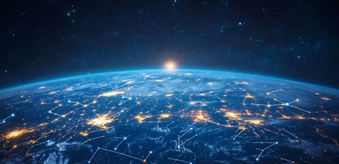 Obraz premium Global Connection: Illuminated city lights across the globe, with the backdrop of the vast expanse of space, symbolizing worldwide network and connection.