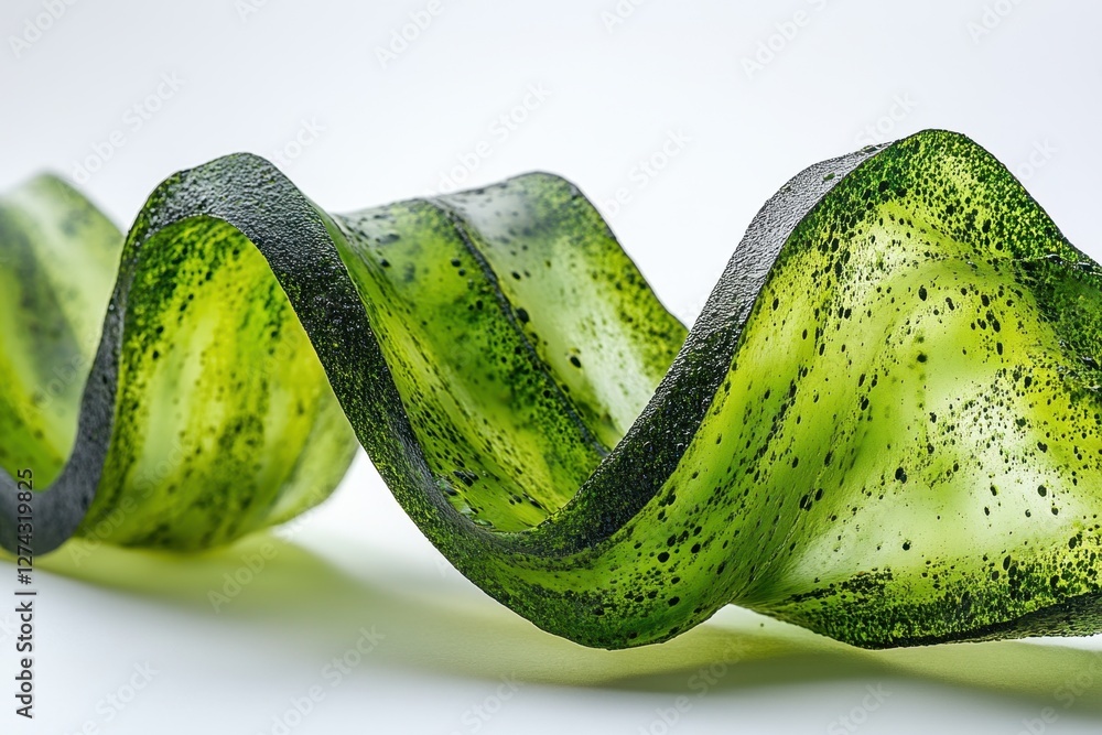 Poster abstract green spiral with dark spots on a white background creating a modern and organic visual wit