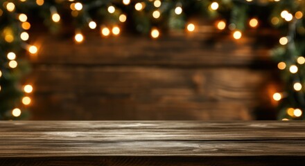 Warmly lit background with blurred fairy lights and rustic wooden table for festive decor