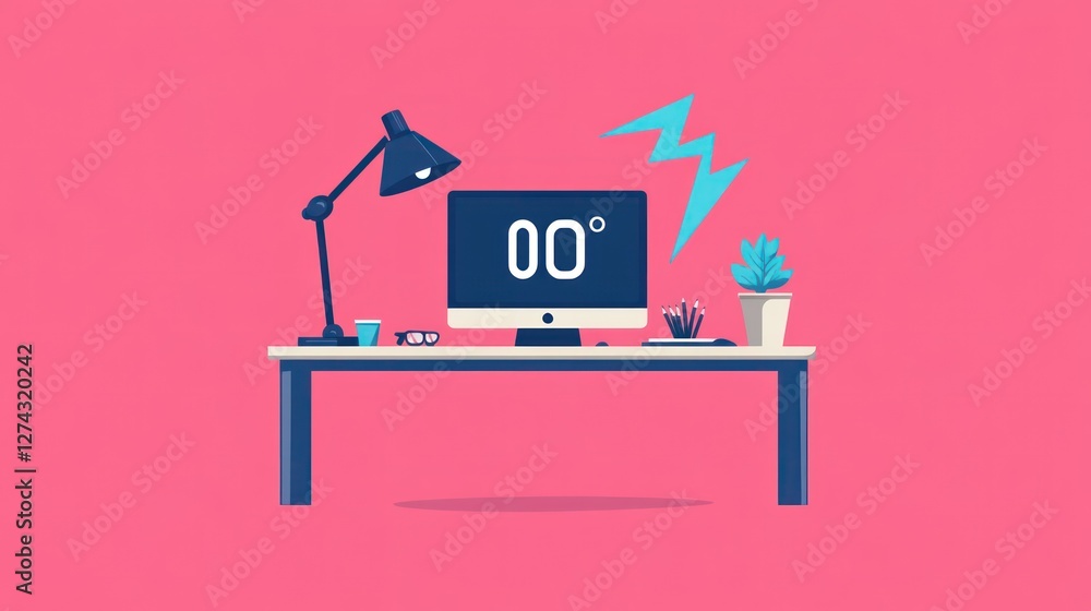 Poster flat design office desk with computer, lamp, and 0 degrees temperature. possible use stock photo for