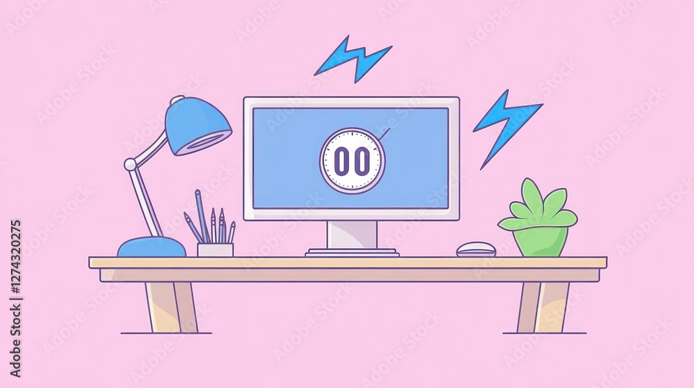 Poster simple flat design of a computer desktop with a timer, lamp, and plant. use for productivity, time m