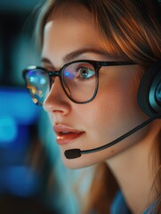 An image of a woman wearing glasses, with her focused gaze on the camera while she's in a gaming or technical work setting, possibly as a game developer, streamer, or tech support representative.