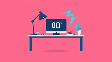 Flat design office desk with computer, lamp, and 0 degrees temperature. Possible use stock photo for office supplies, technology, or temperature concept