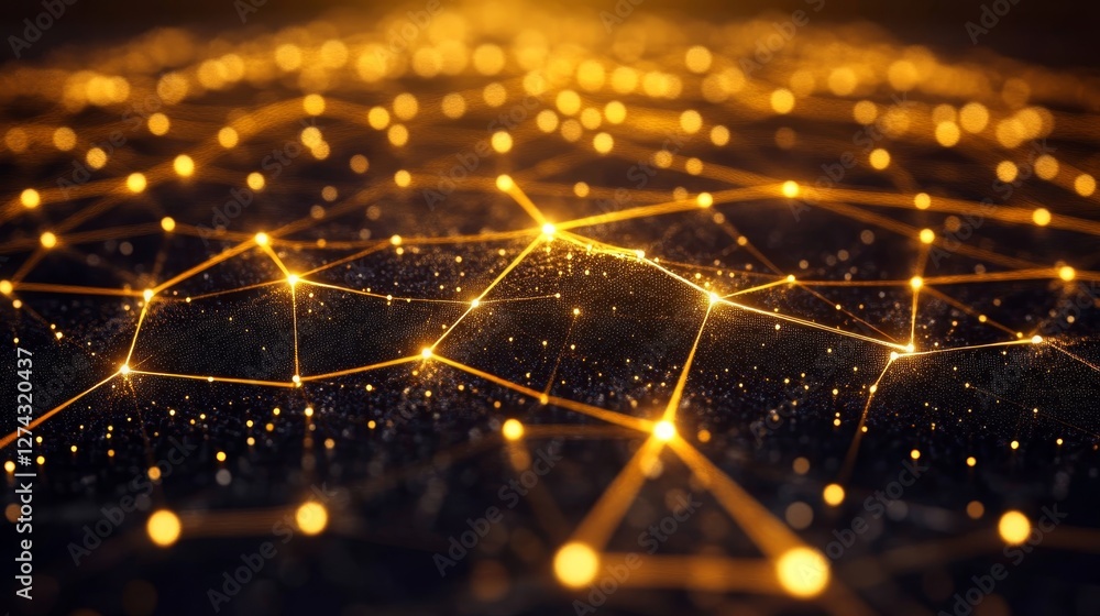Poster glowing golden network with interconnected nodes and edges on a dark background, vector design