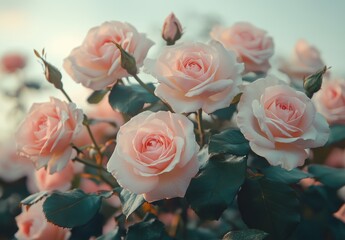 Delicate Pink Roses Blooming in a Beautiful Garden with Soft Pastel Background and Lush Green Foliage at Sunset or Sunrise