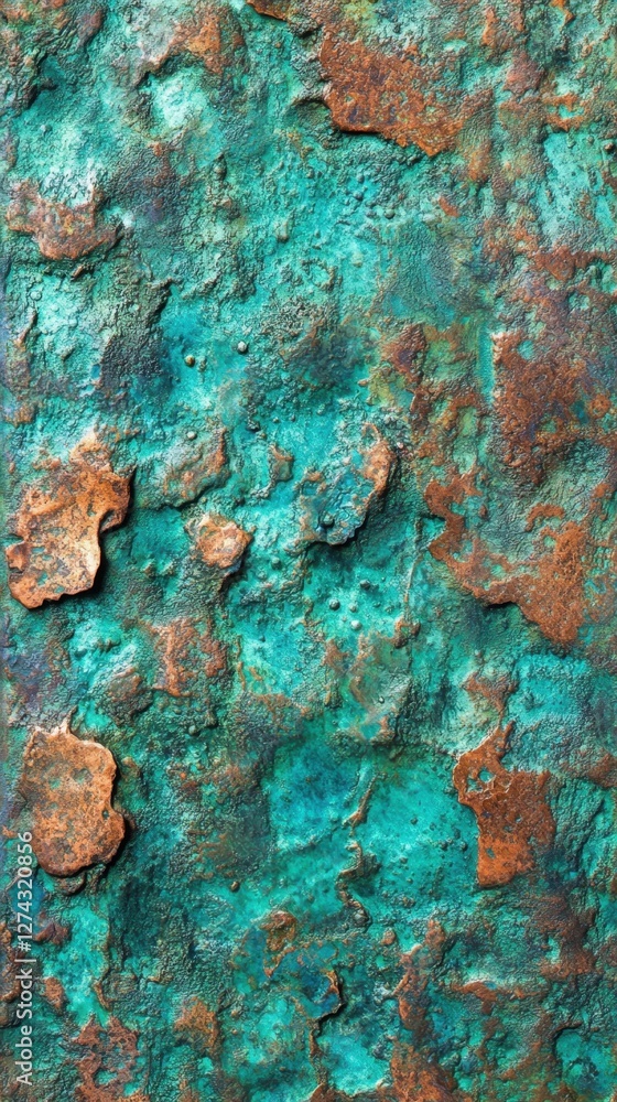 Poster mesmerizing patina texture of aged copper with vibrant turquoise and rust tones creating a captivati