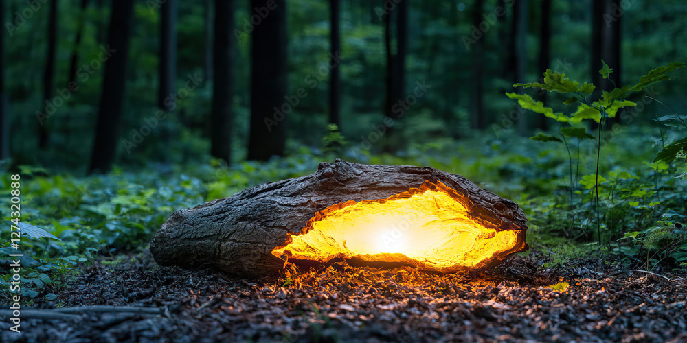 Aufkleber illuminated log in forest setting