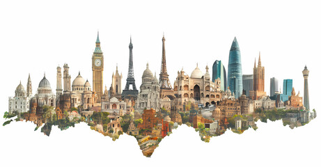 Obraz premium Iconic Landmarks Silhouette: An eye-level view showcases famous world landmarks silhouettes, creating a sense of global exploration.