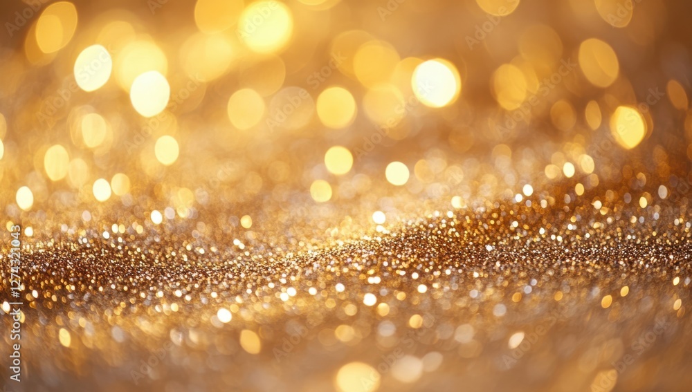 Poster close-up view of shimmering golden glitter with soft bokeh effect in warm tones ideal for celebratio