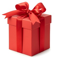 Obraz premium A shiny, red gift box with a red ribbon bow on top, sitting against a white background.