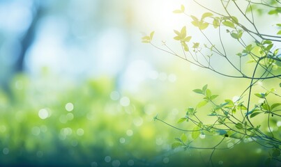 Obraz premium Bright sun shines through leaves in green spring forest, background