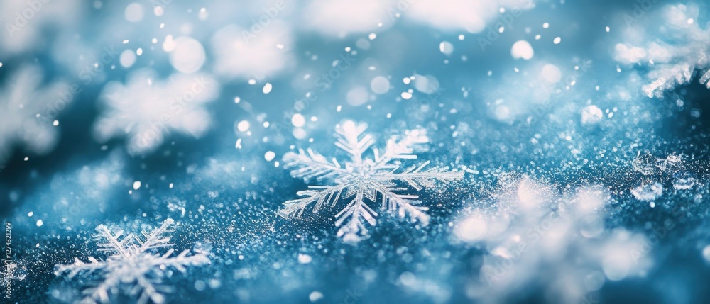 Aufkleber captivating macro photograph of delicate snowflakes on a serene blue surface creating a magical wint