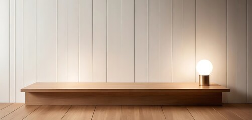 Minimalist wooden platform with illuminated orb lamp against paneled backdrop