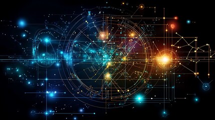 Obraz premium Vibrant Abstract Digital Technology Background with Geometric Patterns and Colorful Light Effects