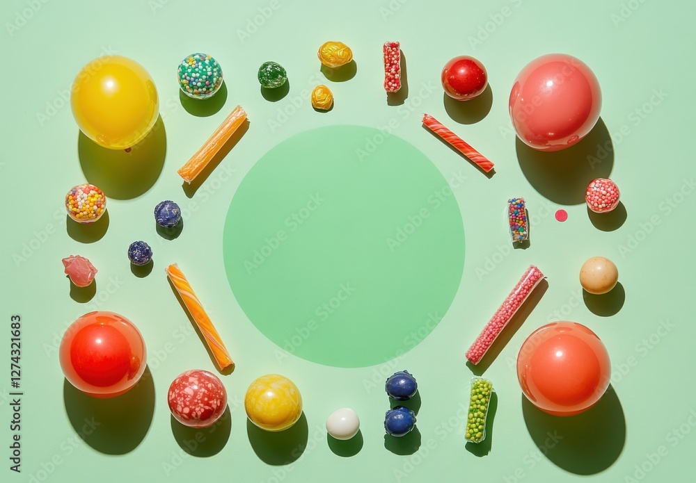 Poster colorful assortment of candies and sweets arranged in a circular pattern on a light green surface fo