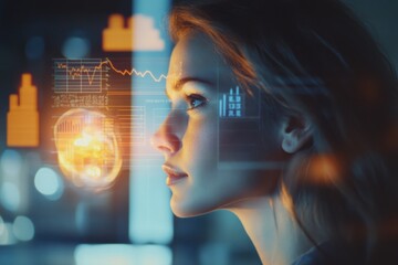 Woman analyzing data projected onto her face, showcasing futuristic technology and data visualization.