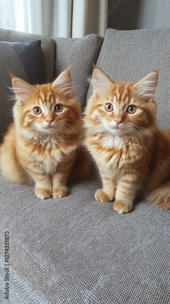 Poster two adorable ginger kittens sitting side by side on a gray sofa with curious expression and fluffy f