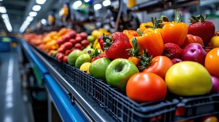 A beautiful array of fresh fruits fills the display, showcasing bell peppers, strawberries, apples, and lemons, highlighting vibrant colors and the allure of healthy eating.