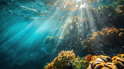 Sun rays illuminating coral reef in underwater sea landscape © KOSHKAROV SERGEI