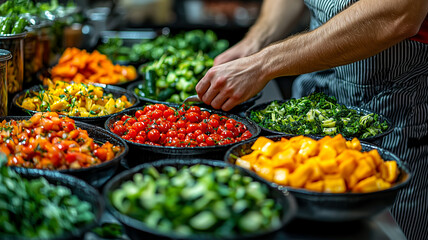 Obraz premium A culinary array: colorful vegetables meticulously arranged, presenting a vibrant and healthy spread prepared for an upcoming meal.