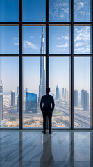 Fototapeta premium A man in a suit standing inside an office with panoramic windows overlooking a cityscape 