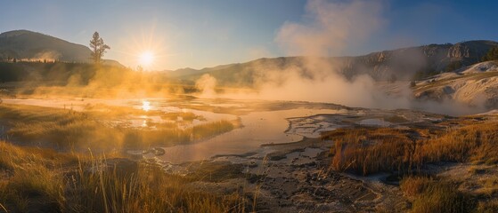 Sunrise Illuminates Steaming Geothermal Hot Springs in Mountain Valley