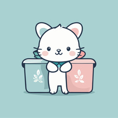 Cute white cat standing in front of two recycling bins.