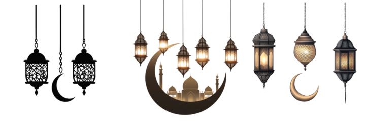 Set of a Ramadan decoration with lanterns and crescents moons, isolated on transparent background.