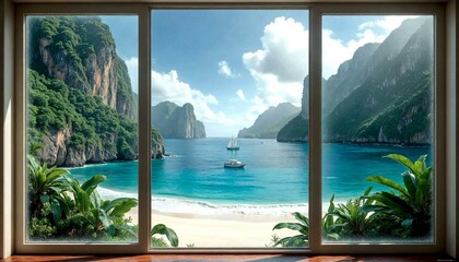 Tropical Beach View Through Window with Ocean and Mountains