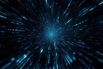 Light Trails: Abstract blue light streaks converge toward a central vanishing point in deep space