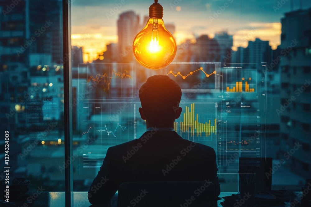 Poster a businessman analyzes financial data displayed on a futuristic screen, illuminated by a bright ligh