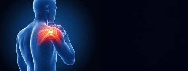 Naklejka premium 3D Illustration of shoulder joint pain with copy space banner background.