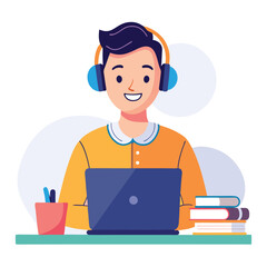 man in headphones, studying at laptop. Happy female student watching business webinar. Video conference call, remote work communication. Flat vector illustration isolated on white background