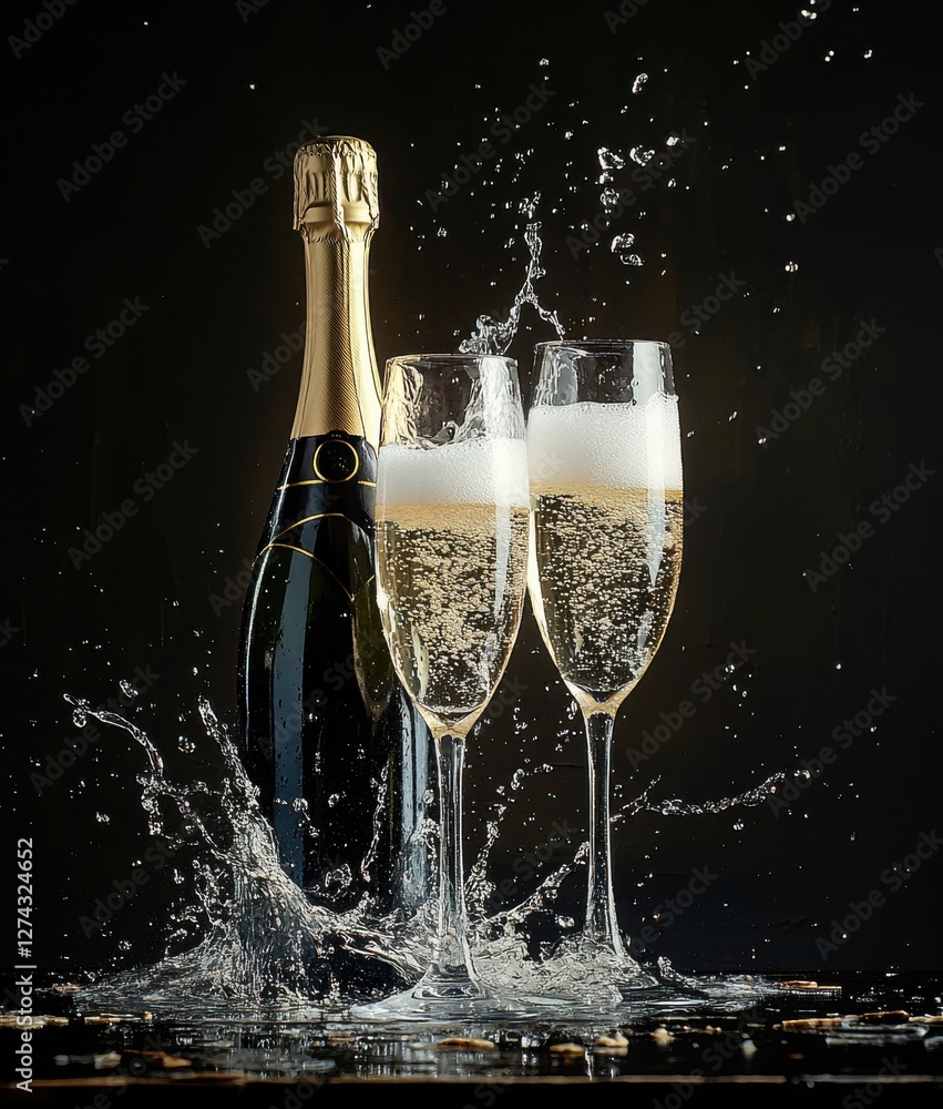 Poster elegant champagne bottle and two sparkling glasses with bubbles splashing in a sophisticated setting