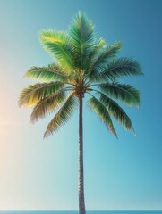 Serene tropical scene of a tall palm tree against a clear blue sky creating a tranquil vacation vibe and a sense of freedom and escape capturing the essence of paradise