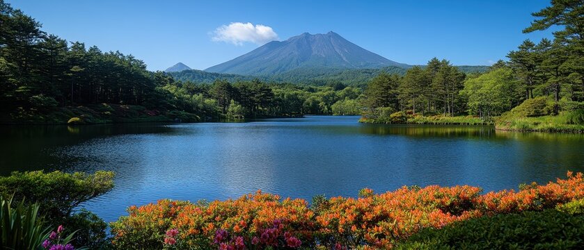 Serene lake view with majestic mountain backdrop framed by lush green forest and vibrant azalea bloom under clear blue sky