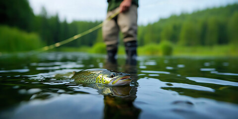 Fototapeta premium Brown Trout in River with Fly Fisherman