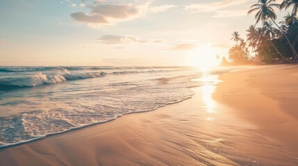 Soothing sunrise on tropical beach with warm tones and soft light