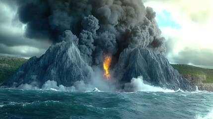  A thrilling scene of a volcano erupting with a fiery plume above turbulent ocean waves, illustrating nature's incredible power. Volcano eruption in the ocean .