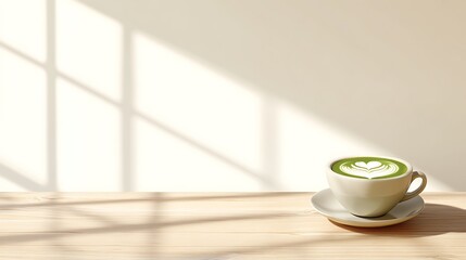 Stylish Coffee Cup with Green Latte Art on Wooden Table in Bright Sunlight with Shadow Play