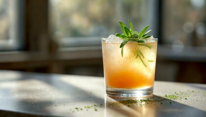 Glass with Drink and Rosemary on Table