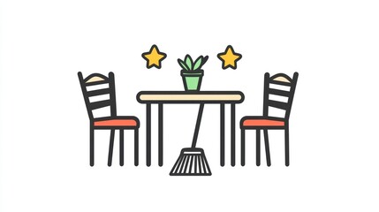 Obraz premium Clean dining room, table, chairs, broom, plant, stars, illustration, website icon