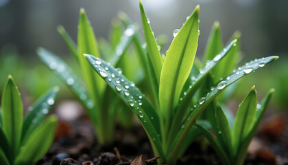 Obraz premium Raindrops on young green leaves in gentle overcast light during early spring awakening nature