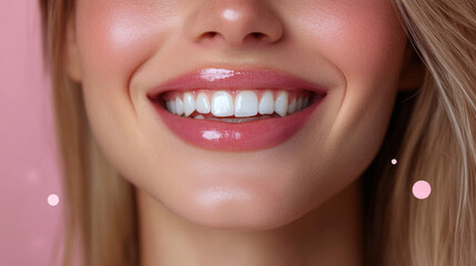 Obraz premium woman smiling with healthy teeth and glossy lips, radiating joy