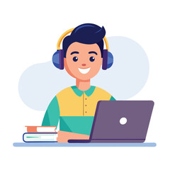 man in headphones, studying at laptop. Happy female student watching business webinar. Video conference call, remote work communication. Flat vector illustration isolated on white background