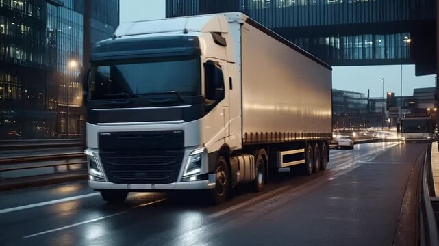 Scene of a logistics truck driving across the highway, smooth repeating motion for background video animation