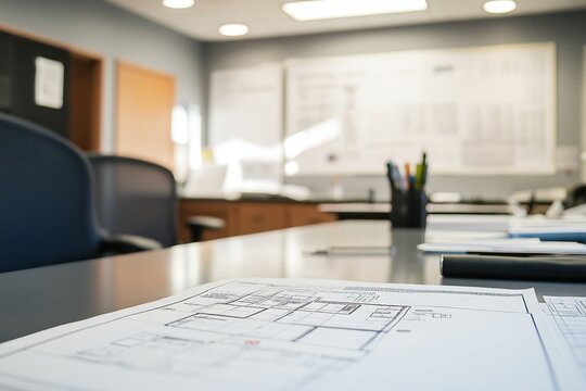 Office setting with drafts and plans highlighting building regulation compliance check, part of building permit process. Concept emphasizes importance of building regulation compliance check