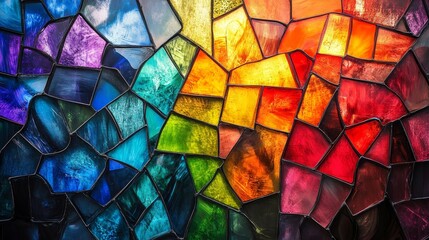 A stunning stained glass window with vibrant colors, creating an artistic and beautiful display. The colors blend together harmoniously, offering a captivating visual experience. 