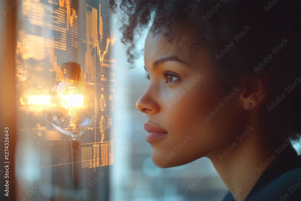 Poster a woman gazes intently at a glowing screen displaying intricate data and graphs, representing techno